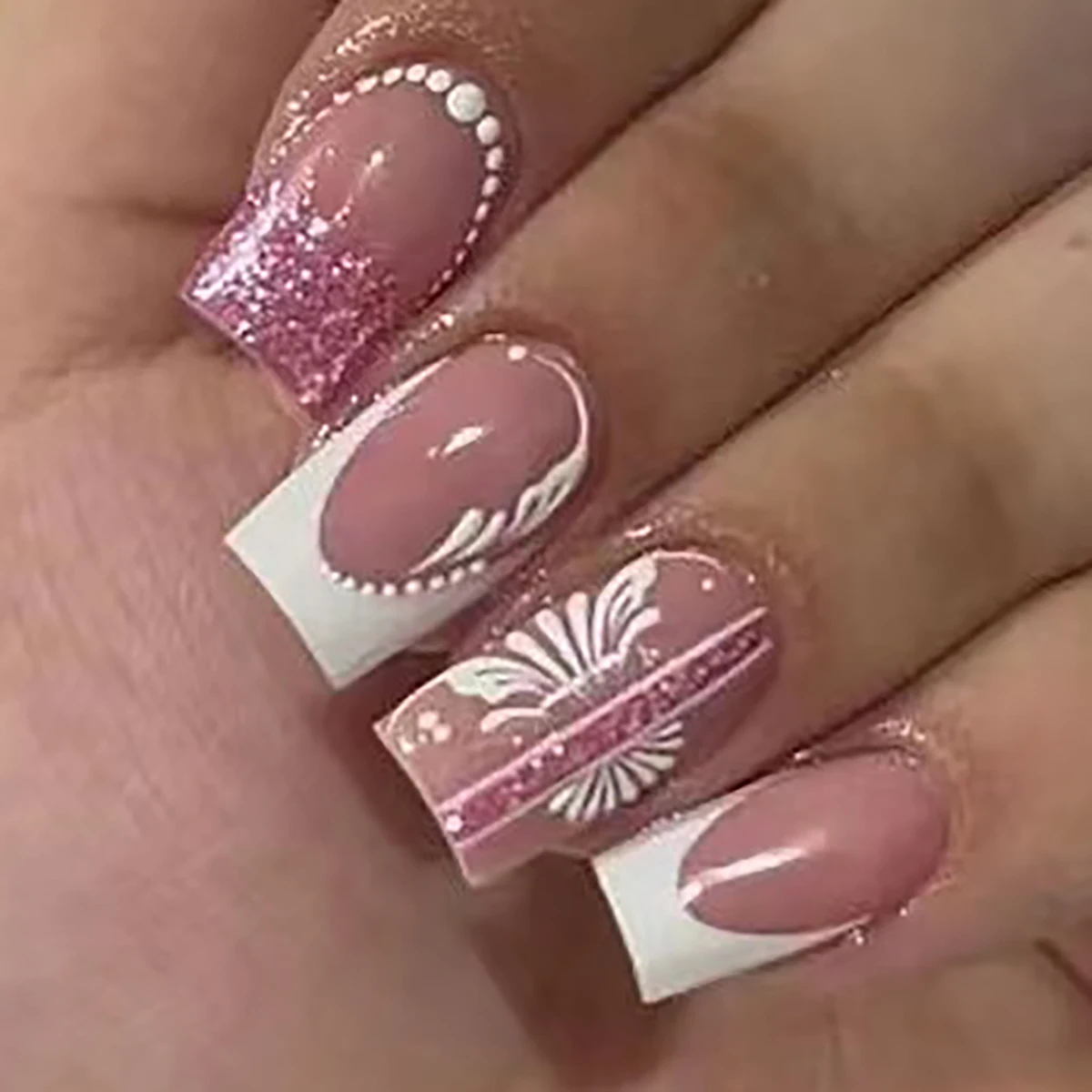 24 Pieces of Coffin Shaped Halo Dyed French Style&sparkling Pink Fireworks Pattern Glossy Fake Nails&1 Nail File and 1 Tape