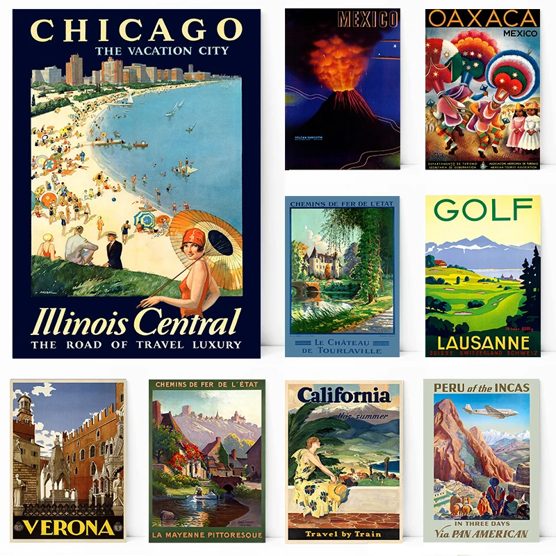 Vintage Famous City Travel Series Ⅱ Poster Chicago Mexico Japan Illustration Prints Canvas Painting Wall Art Pictures Home Decor