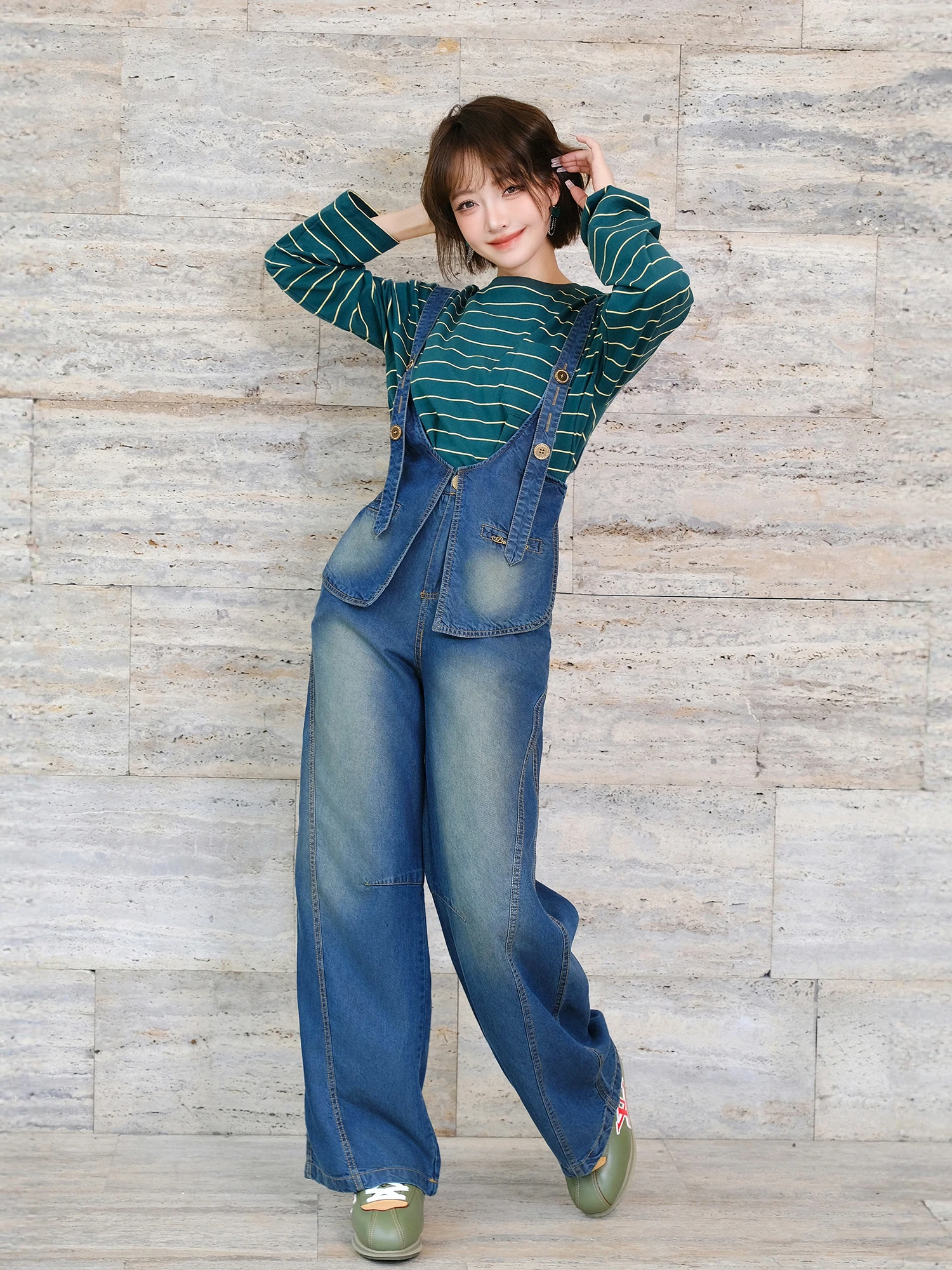 Miku vintage denim macacão solto idade-defng calças de perna larga feminino outono inverno cintura alta calças compridas on-line exclusivo