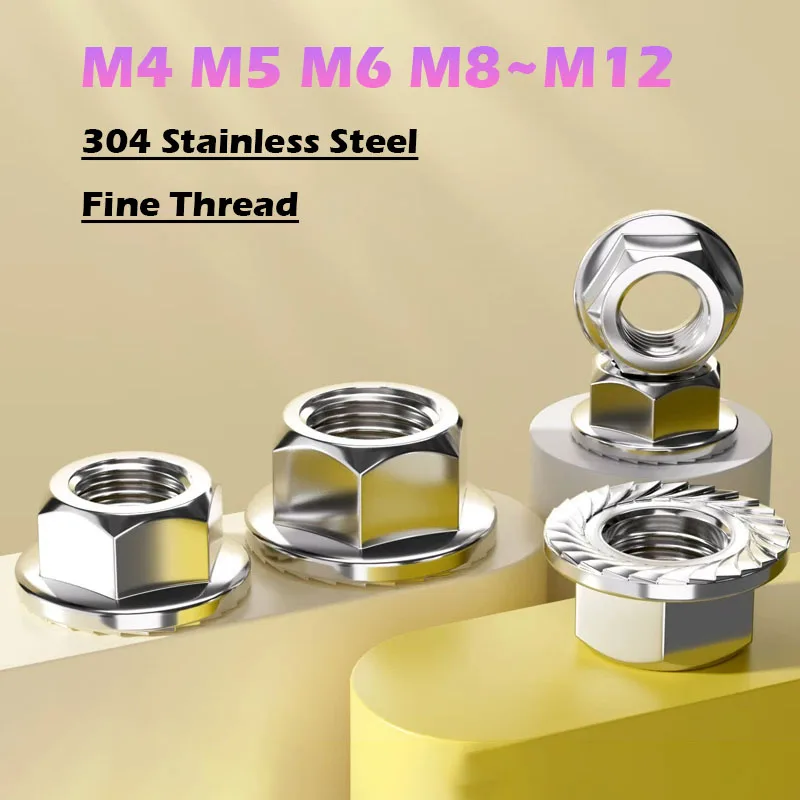 Fine Thread Hex Hexagonal Flange Nuts M6 M8 M10 M12 M14 M16 M20 304 Stainless Steel Hex Head Serrated Spinlock Lock Flange Nuts