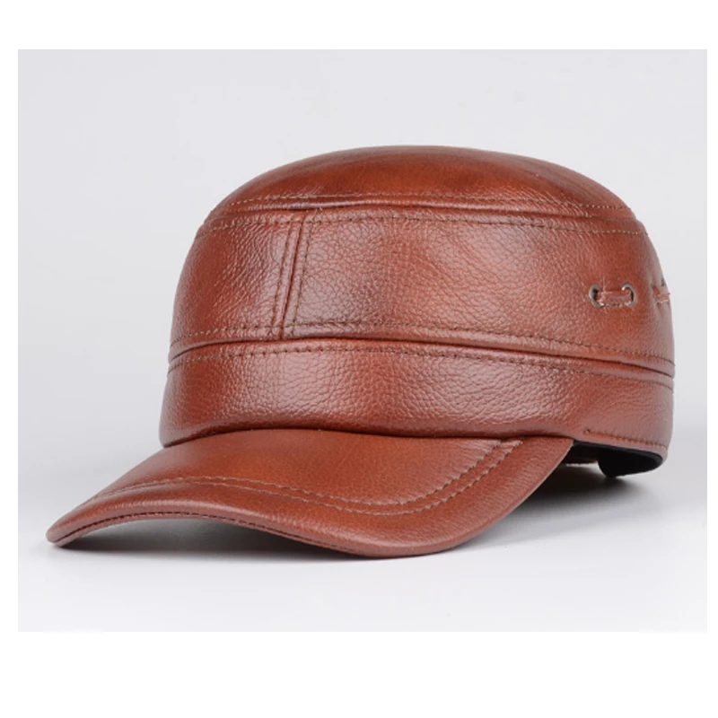 

2022 New Men Spring/Winter Genuine Leather Black/Brown Flat Baseball Caps Male 55-60 cm Customized Size Outdoor Adjustable