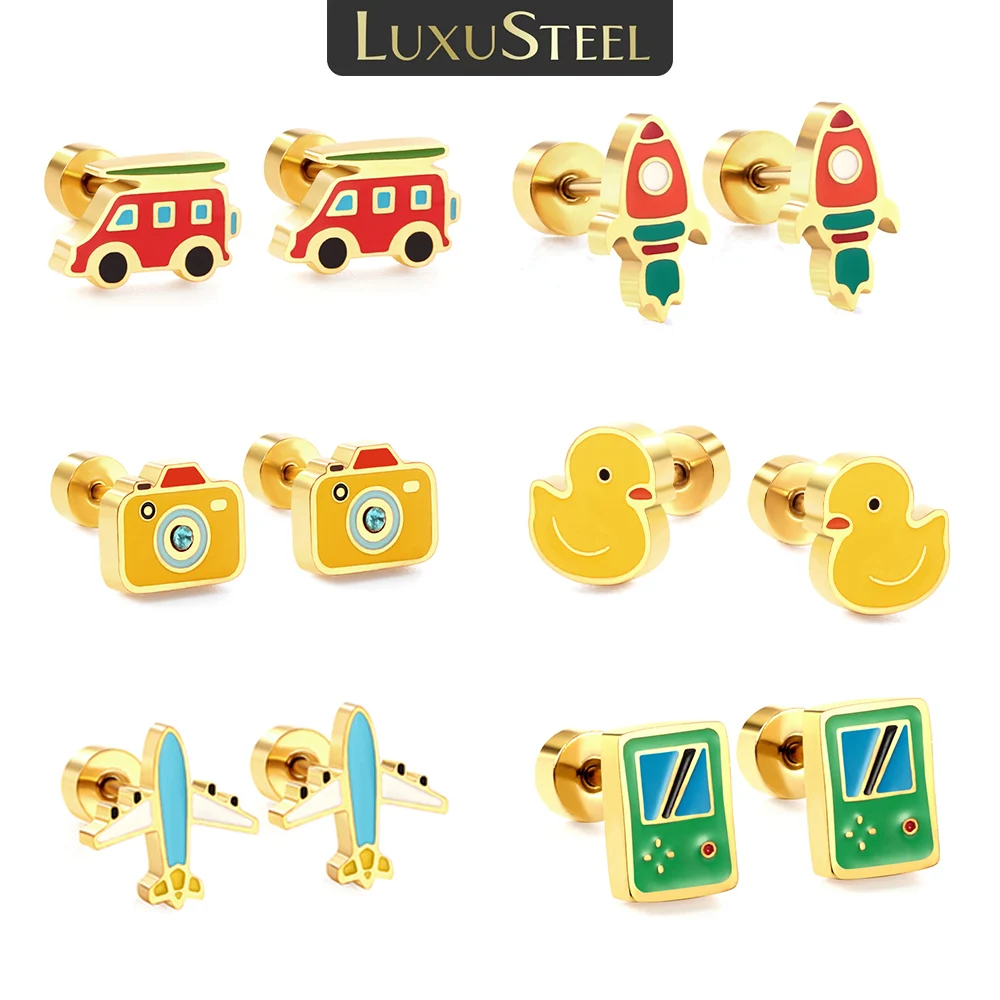 LUXUSTEEL Cartoon Children's Earrings Colorful Car Aircraft Rocket Camera Duck Stud Earring Stainless Steel Jewelry For Kids