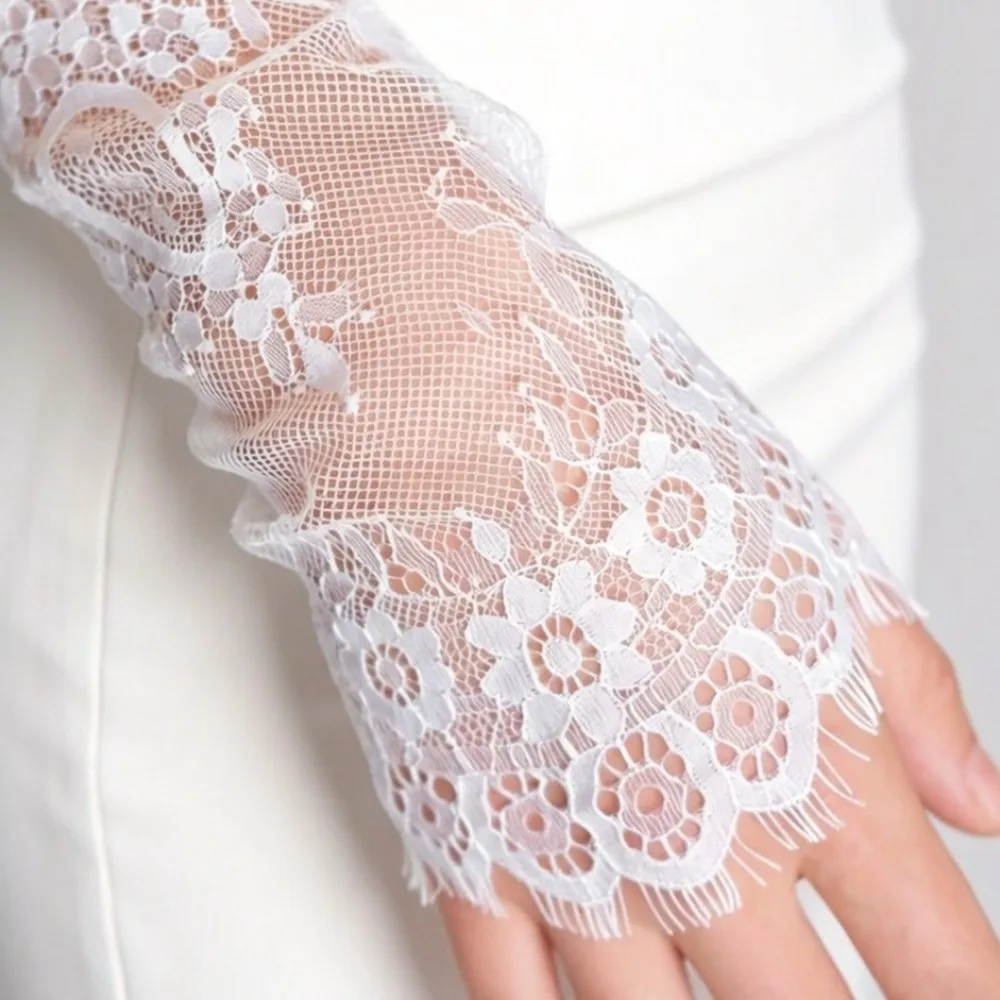Flower Pearls Decoration Fingerless Lace Gloves Ruffle Edge Mesh Bridal Arm Sleeves Solid Color Thin Wedding Gloves Women