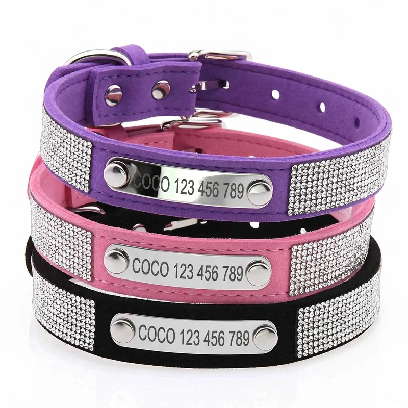 Customized Dog Name And Phone Number Pet Collar Anti-Lost Cat Collar Rhinestone Faux Leather Pet ID Tag for Corgi French Bulldog