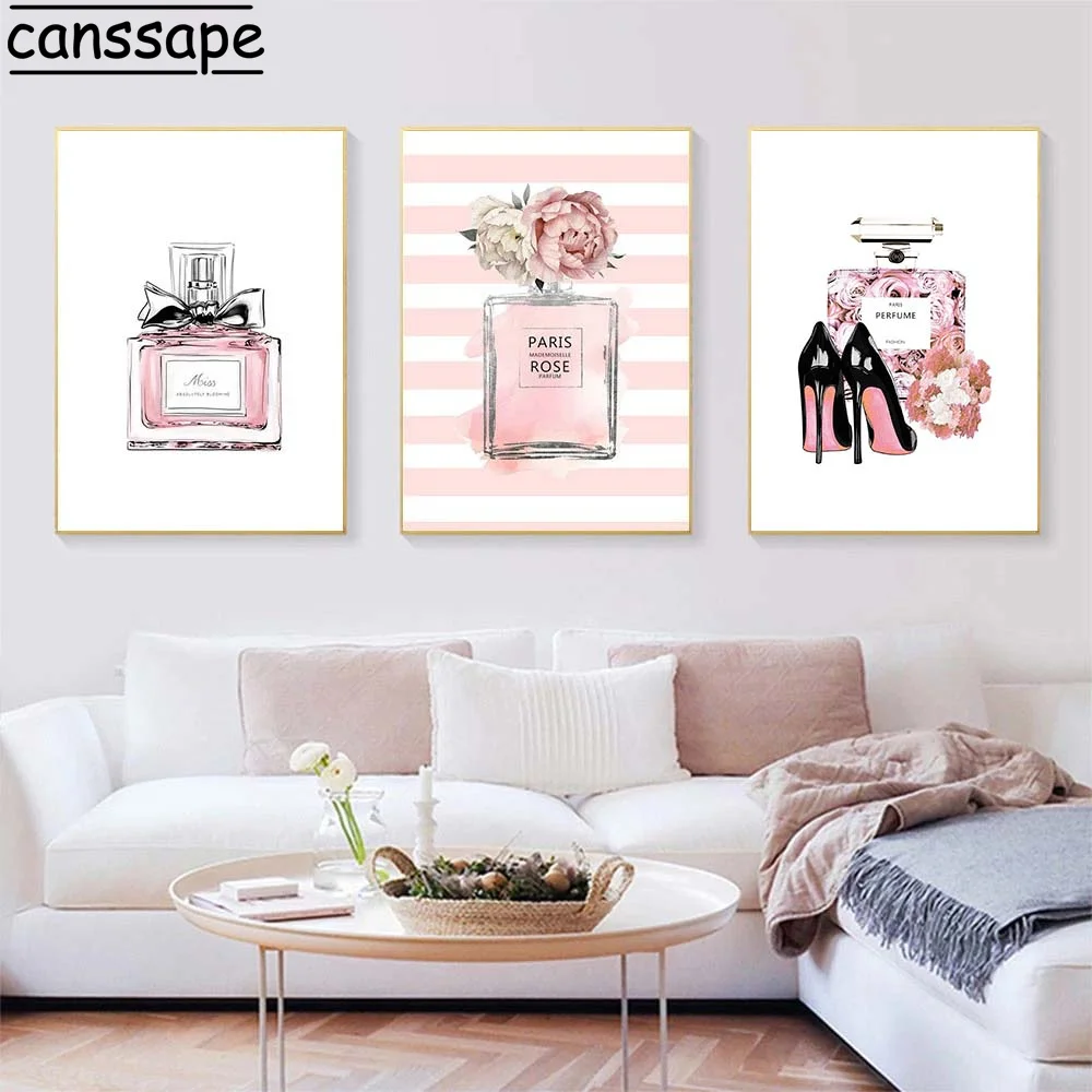 

Modern Poster Pink Perfume Bottle Wall Art Painting High Heels Canvas Art Print Fashion Wall Pictures For Living Room Decoration