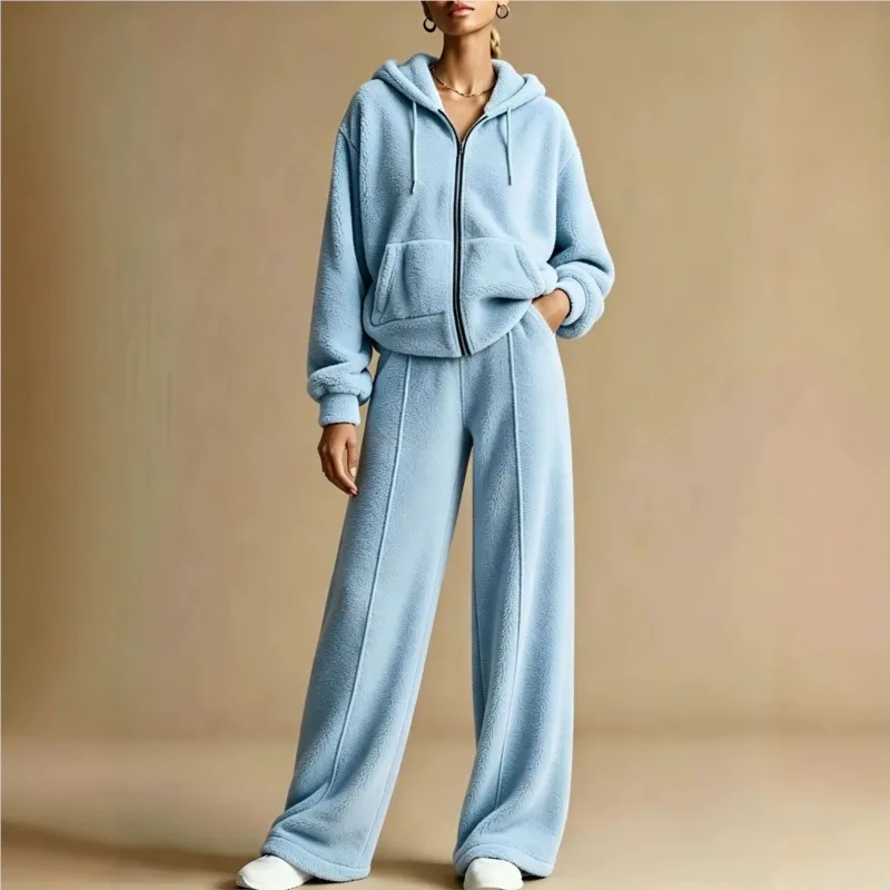 Women Fleece Two Piece Set Winter Zip Up Drawstring Hooded Sweatshirt + Wide Leg Pants Suits Female Warm Casual Tracksuit Outfit