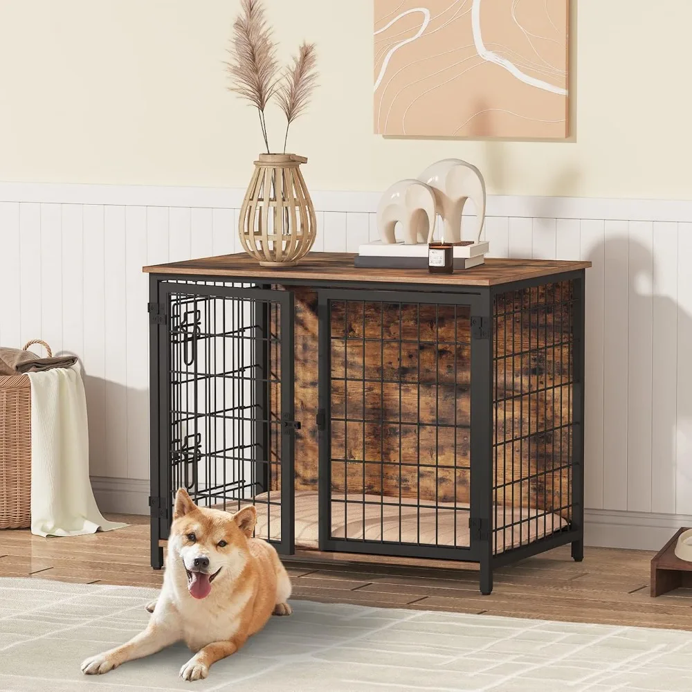 

Sturdy Wooden Dog Crate with Cushioned Interior, Double-Doored Kennel for Various Dog Sizes, Suitable for Indoor Use