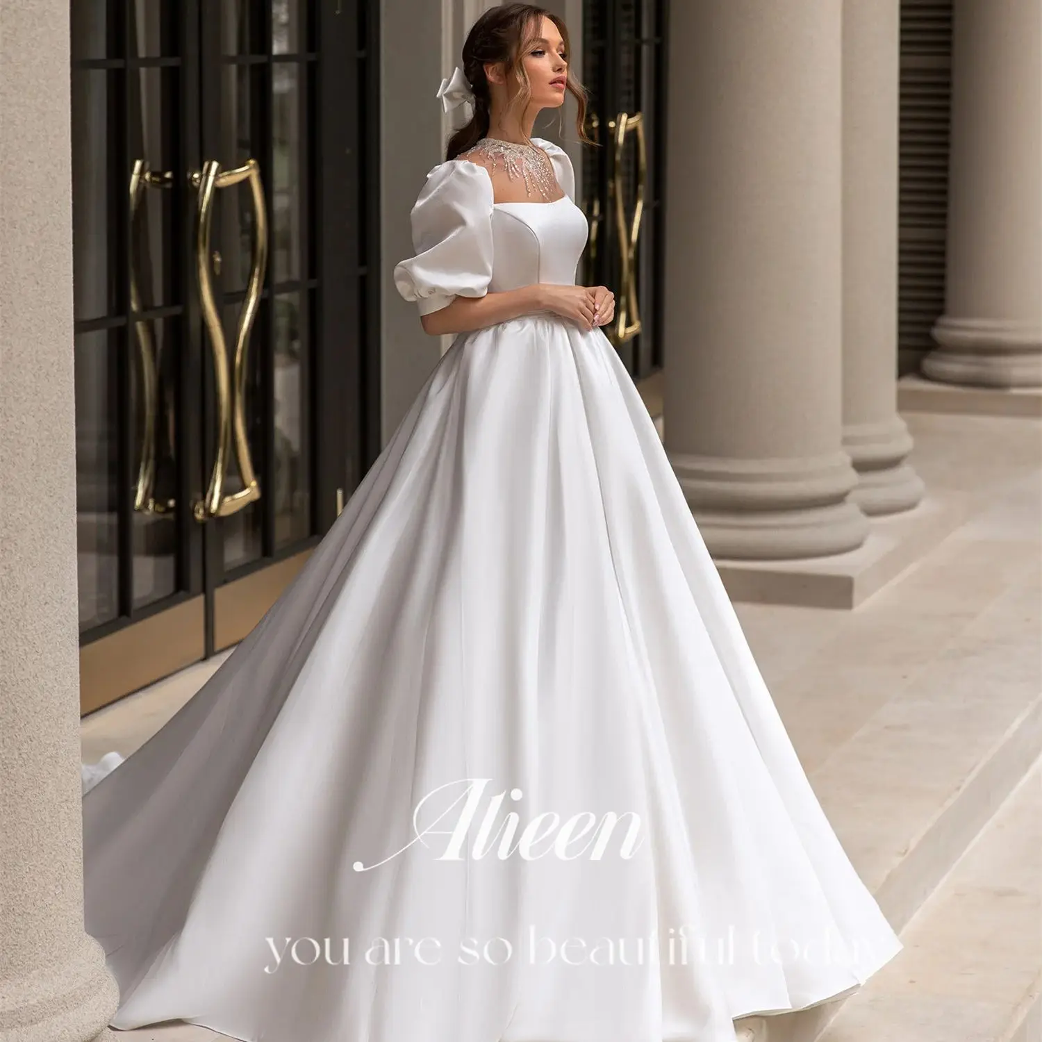 

Aileen Satin Puff Sleeves Grace A-line Saudi Evening Dresses 2024 Luxury Wedding Guest Dress Women Sharon Said Happy Sharon.