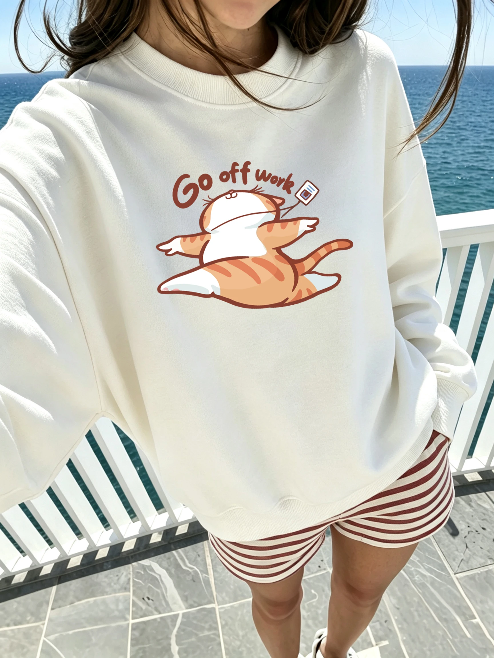 Go Off Work Happy Cat Pattern Woman Streetwear Sport Casual Clothes Soft Trendy Sweatshirt Comfortable Creativity Sportswears