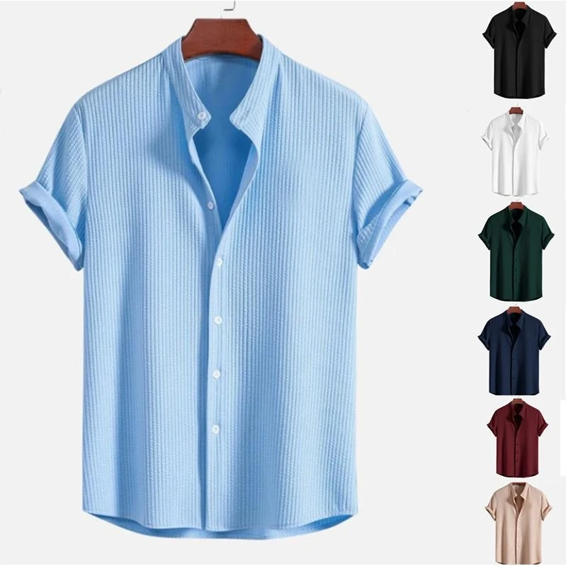 Men's Pure Color Short Sleeve Shirt Summer New Arrival Loose Fit Cotton Youth Fashion British Style Stand Collar Versatile Wear