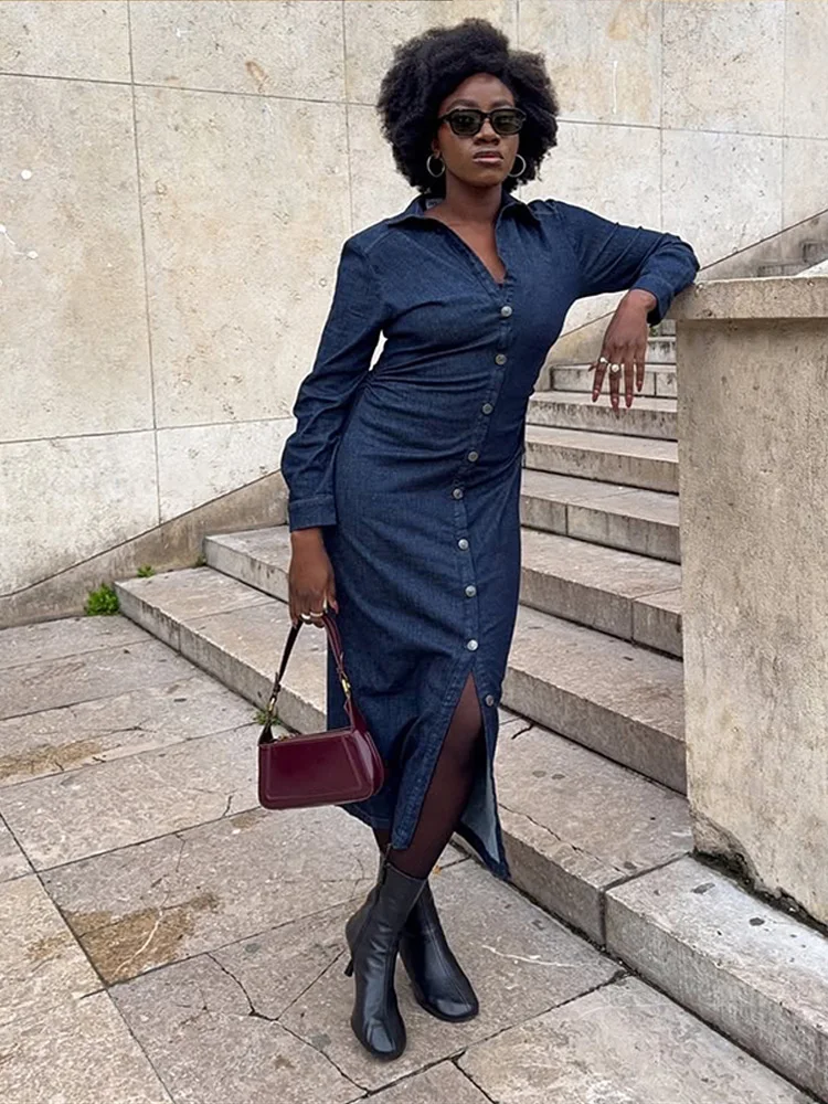 V-neck Single Breasted Denim Dress Women Casual Slim Pleated Long Sleeved Maxi Dresses Female 2025 Spring High Street Robes