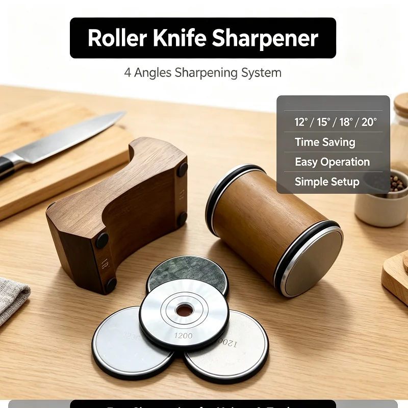 4 Adjustable Angles Knife Sharpener Rolling Type 12/15/18/20 Magnetic Wooden Base Diamond Stone Household Sharpening Tool