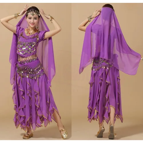 Imagen 2 del producto Traje de danza del vientre para mujer, falda brillante, pañuelo para la cabeza indio, monedas, pañuelo de cadera gitano, conjunto de pulsera puesta en escena para mujer y adulto