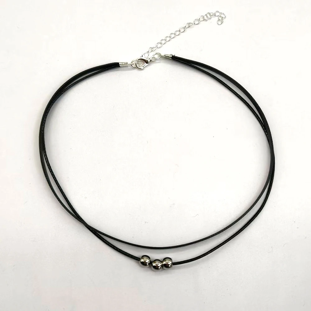 Choker Layers Necklace Black Pu Belt with Moon Oxford Fish Tail Pendant Bead Charm  Square Cube Extended Metal Chain