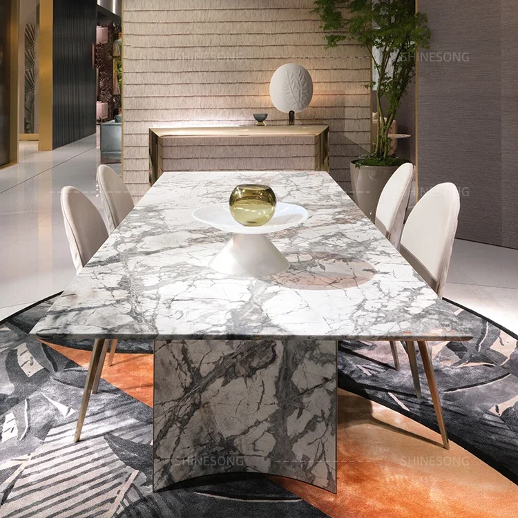 Modern Dining Set Stainless Steel Dining Table Base Rectangle White Natural Marble Top Dining Table