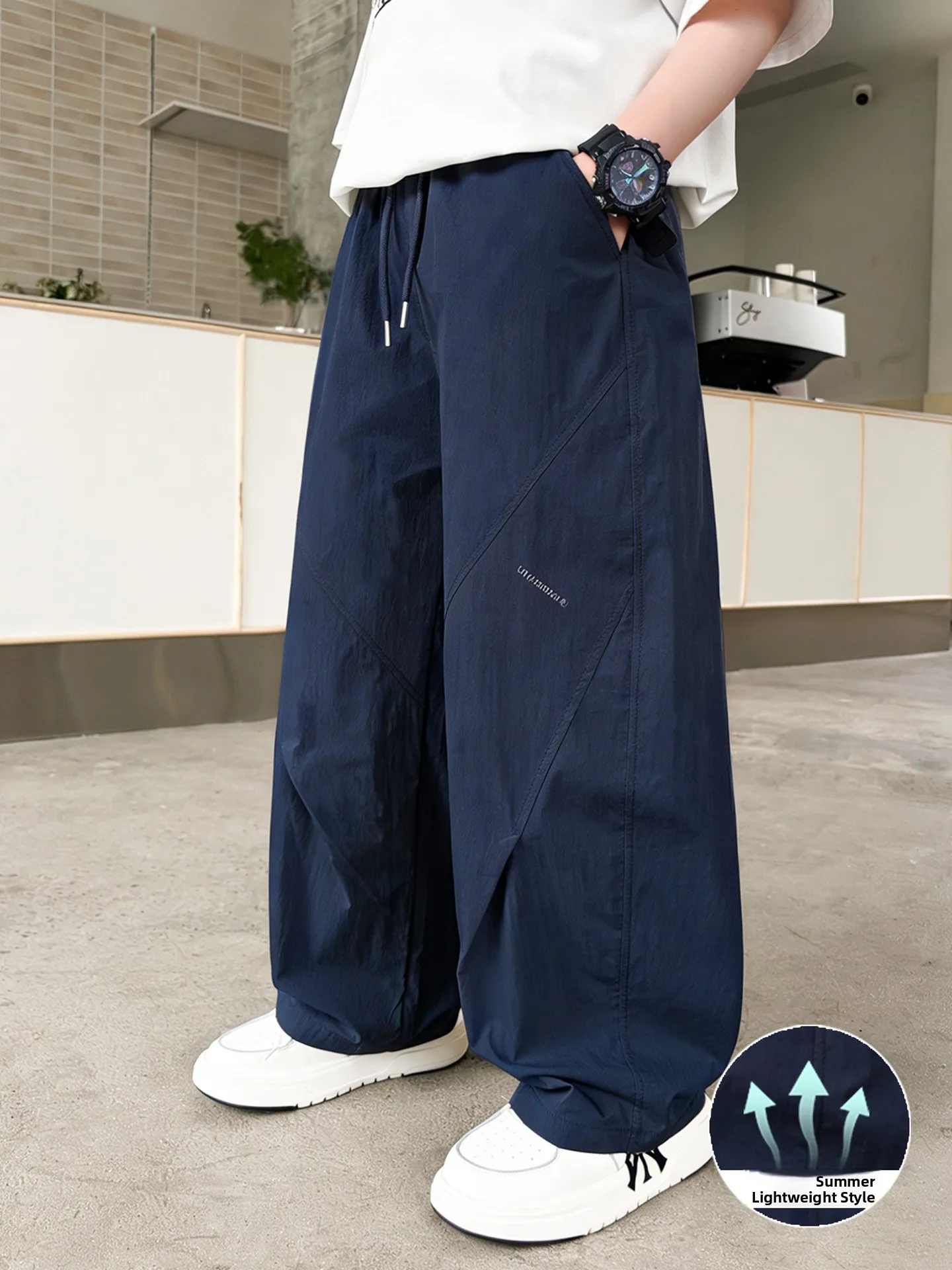 男の子夏用防蚊パンツゆったり通気性アイスシルクワイドレッグカジュアルロングパンツ子供服ストレートレッグ伸縮性ウエスト