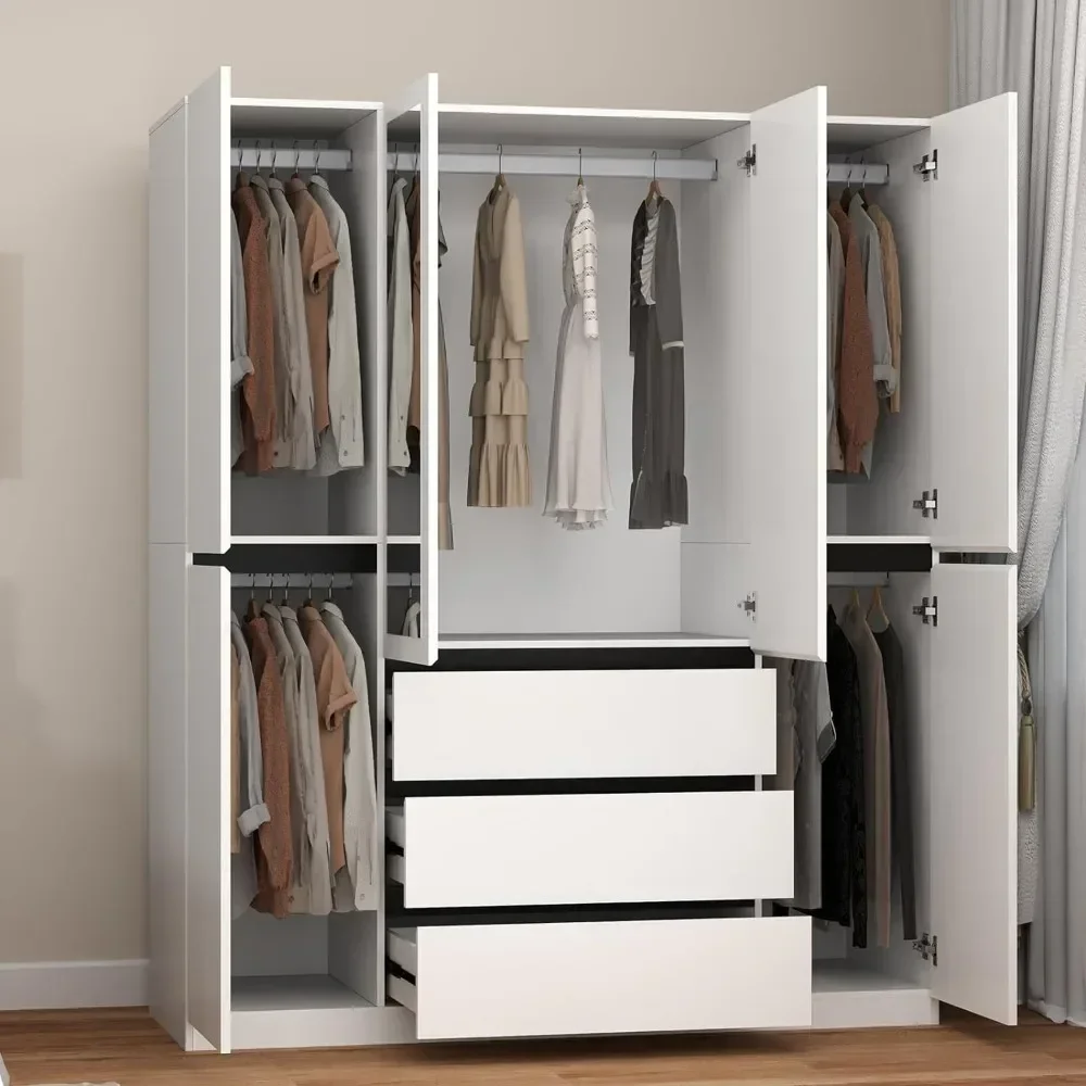 6 Door Armoire Wardrobe Closet, Wooden Bedroom Armoires with Shelves and Hanging Rod, Freestanding Wardrobe Cabinet