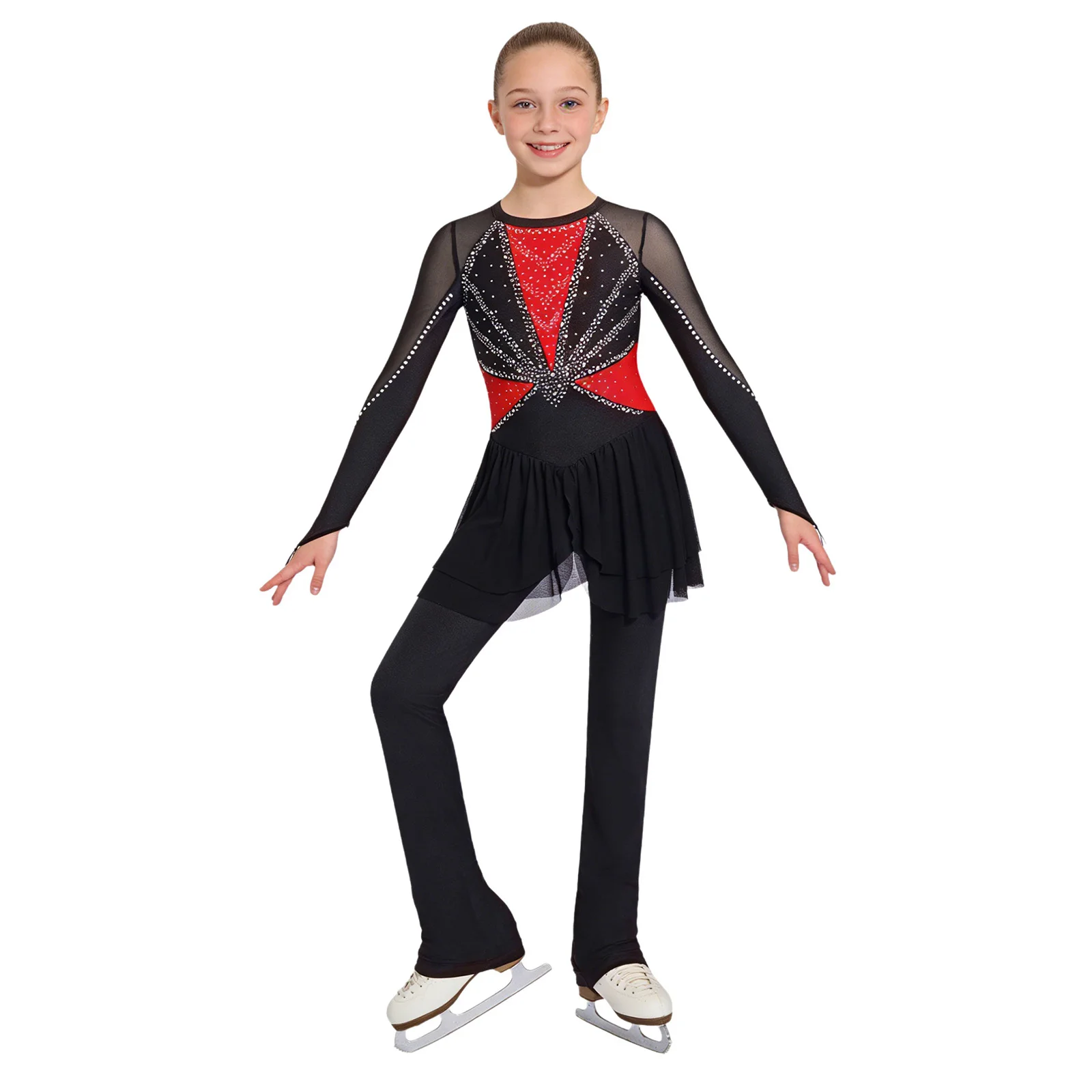 

Kids Girls Figure Skating Dance Performance Skirted Jumpsuit Long Sleeves Finger Holes Sparkling Rhinestone Stage Dance Bodysuit