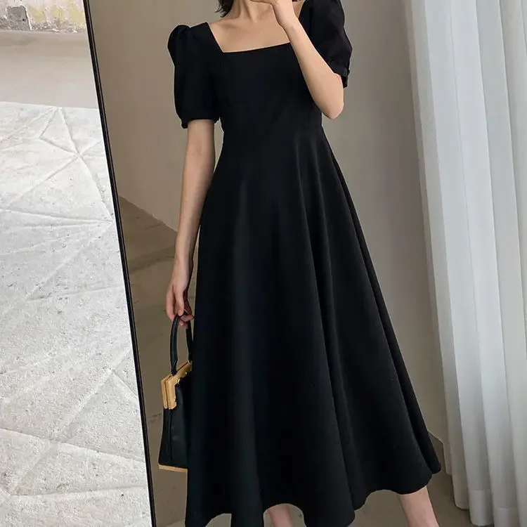 Dress Summer Ins Coffee Break Dress One-word Collar Knee Long Small Black Dress