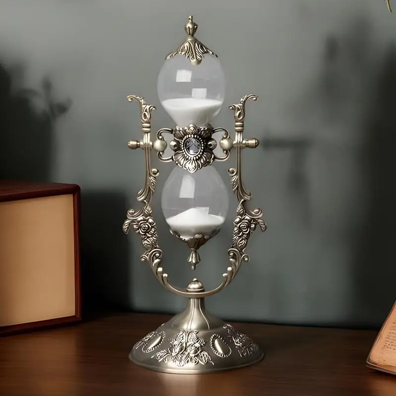 Vintage 15 Minute Hourglass Sand Timer Engraved Rotating Sand Clock Stand Antique Glass Sandglass for Home Aesthetic Decor Gifts