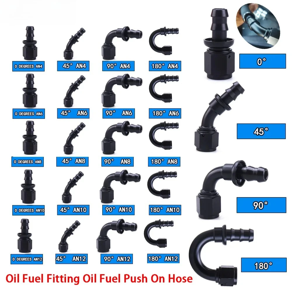 Uuiversal Aluminum AN4 AN6 AN8 AN10 Oil Fuel Fitting Oil Fuel Push On Hose 0 90 45 180 Degree Rubber Tube Hose End
