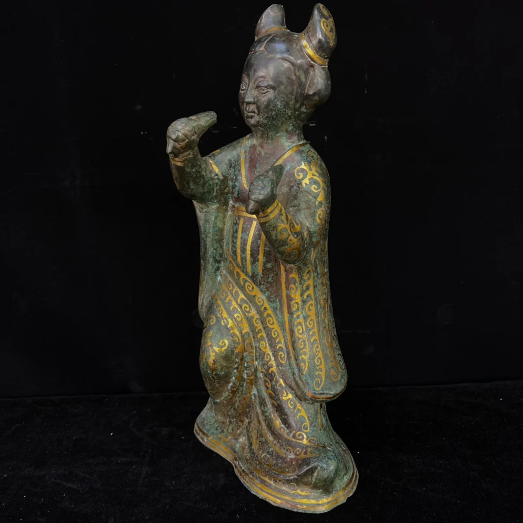 Old hand-caved bronze inlaid with gold female musicians,#05