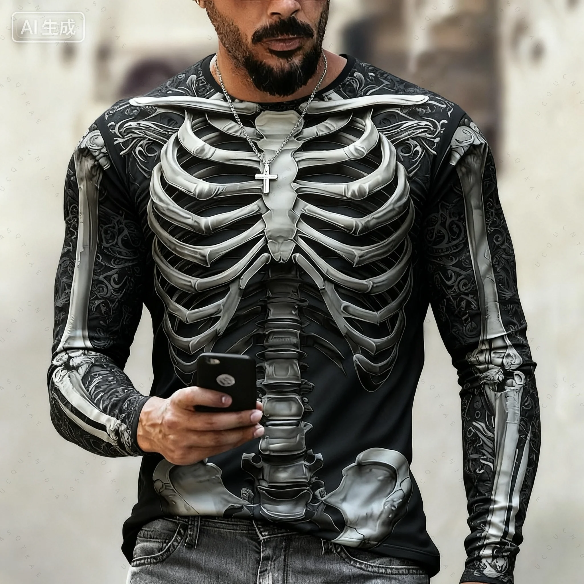 2026 هالوين الهيكل العظمي طباعة كم طويل تي شيرت للرجال القوطية العصرية الشارع الشهير بلايز عادية هالوين حفلة تيز خريف شتاء #1