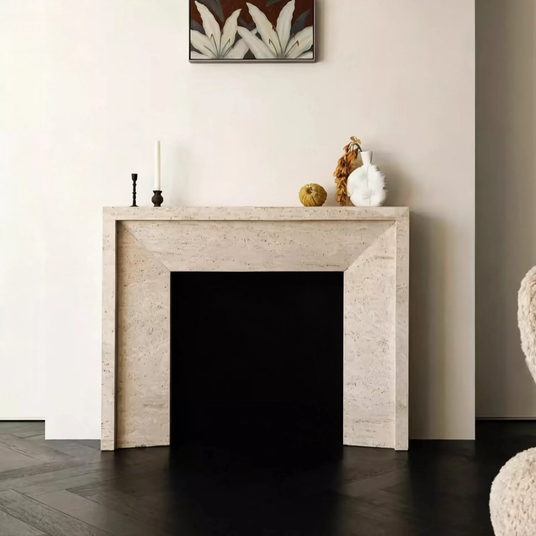 

Travertine fireplace imitation natural marble fireplace surprise wind decorative cabinet Italian mantel white beige travertine