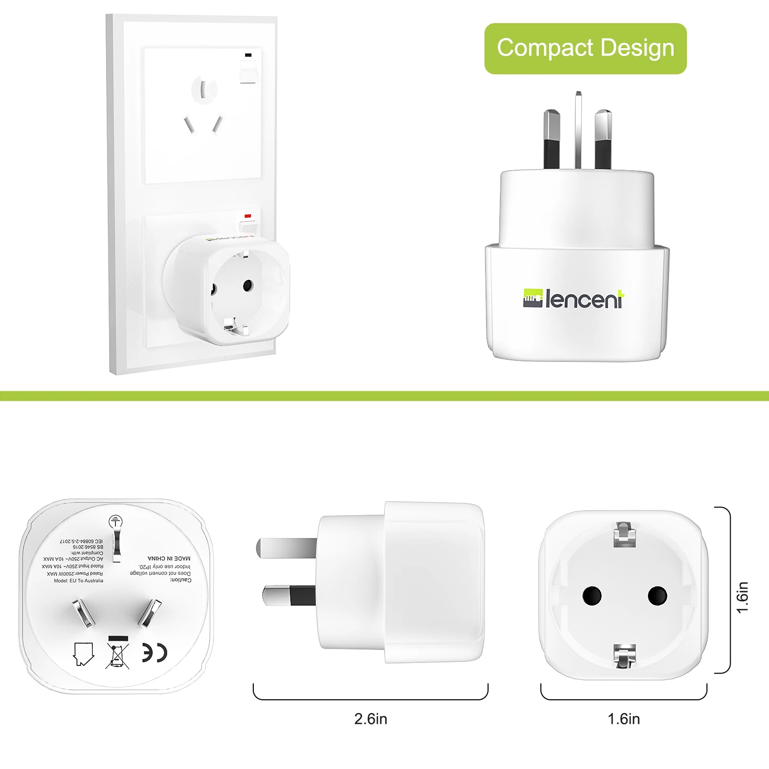 LENCENT 2 Pack EU to AU  Travel Adapter Overload Protection Wall Charger Spanish 2-Pin Europe to 3-Pin AU for Travel /Home