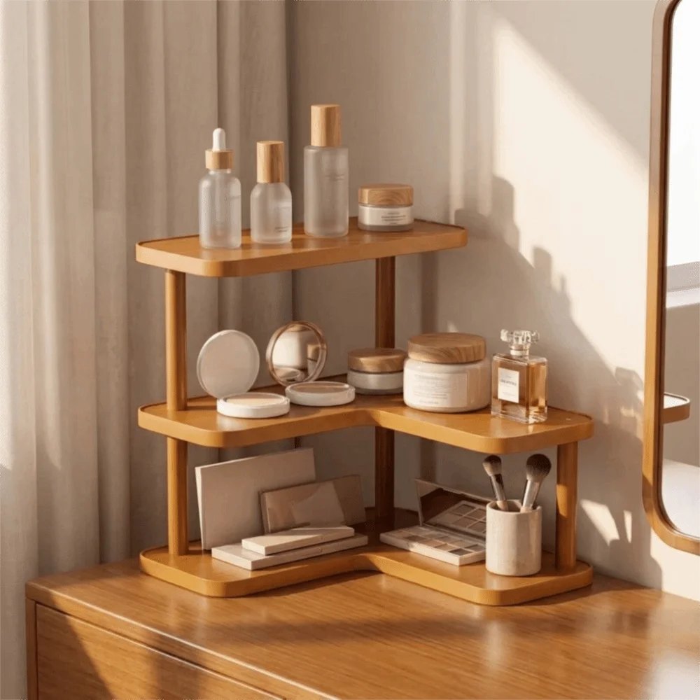 Bamboo Corner Desktop Shelves L-Shaped Large Capacity Multi-layer Storage Shelf Space Saving Rounded Edges Makeup Organizer