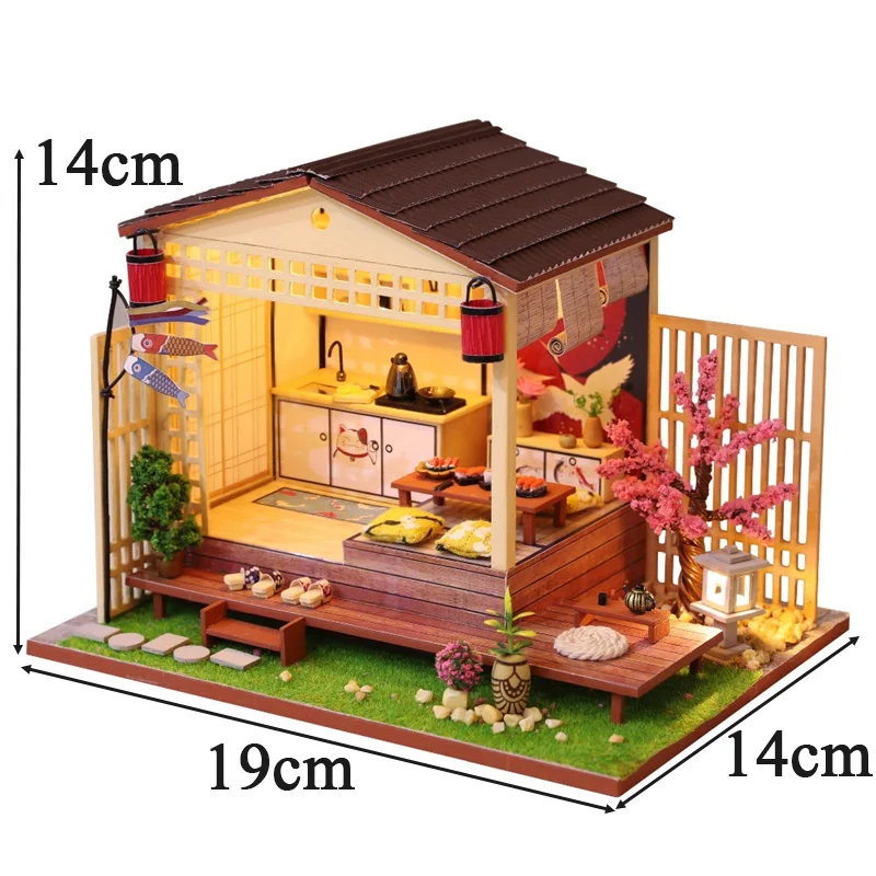 Diy Houten Japanse Poppenhuis Model Miniatuur Bouwpakketten Poppenhuis Met Meubels Kersenbloesems Villa Speelgoed Voor Meisjes Geschenken