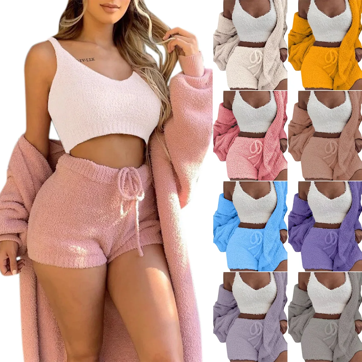 Autumn and Winter Warm Sleepwear Women\'s Comfortable Knitted Thick Sleepwear Set V-neck Winter Plush Anti Cold 3-Piece Set