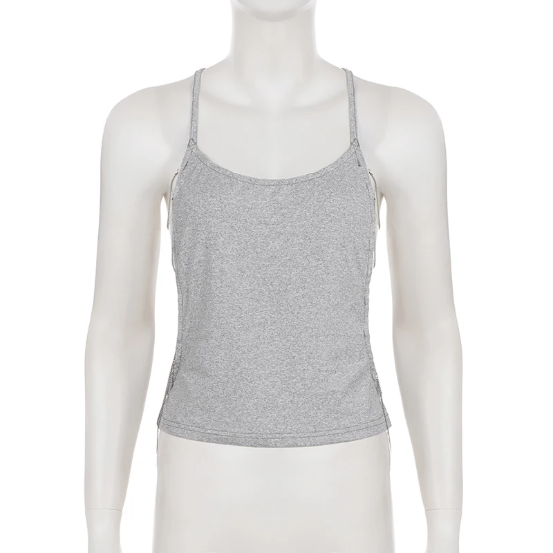 SUCHCUTE Y2K Damen Rückenfreies Tanktop U-Ausschnitt Metallketten-Ausschnitt an den Seiten Spaghettiträger Ärmellos Schlankes Party-Streetwear-Camisole – Detail 4