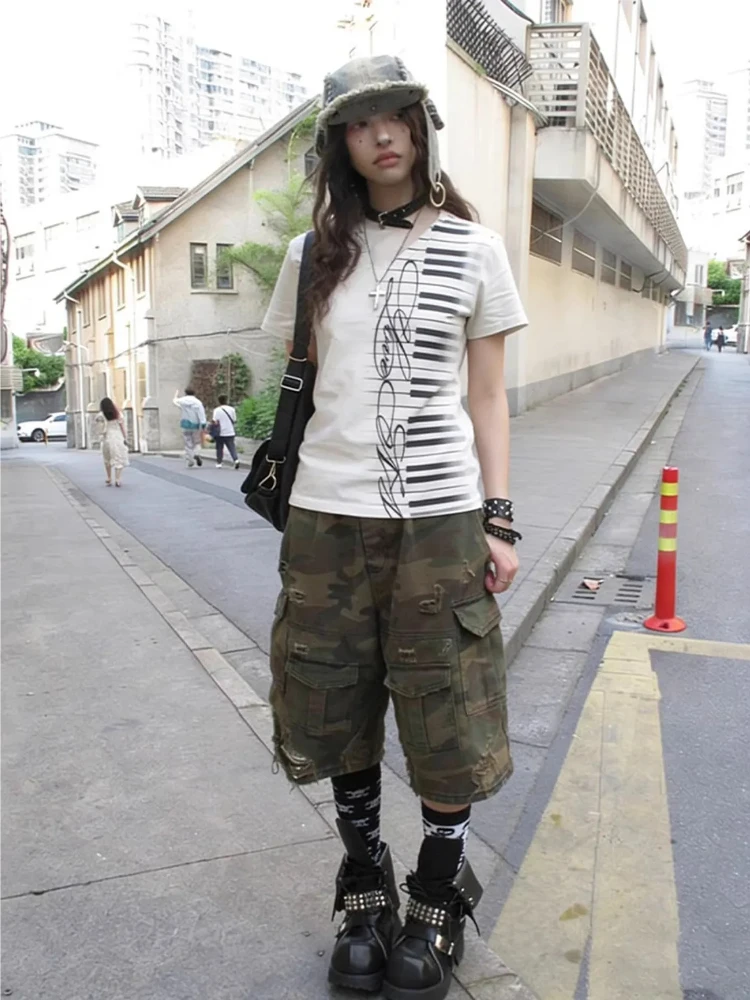 Y2k Piano Key Print T-shirt Vintage Harajuku V-neck Tops 2000s Style Short Sleeve Japanese T-Shirt American Retro Spring Summer