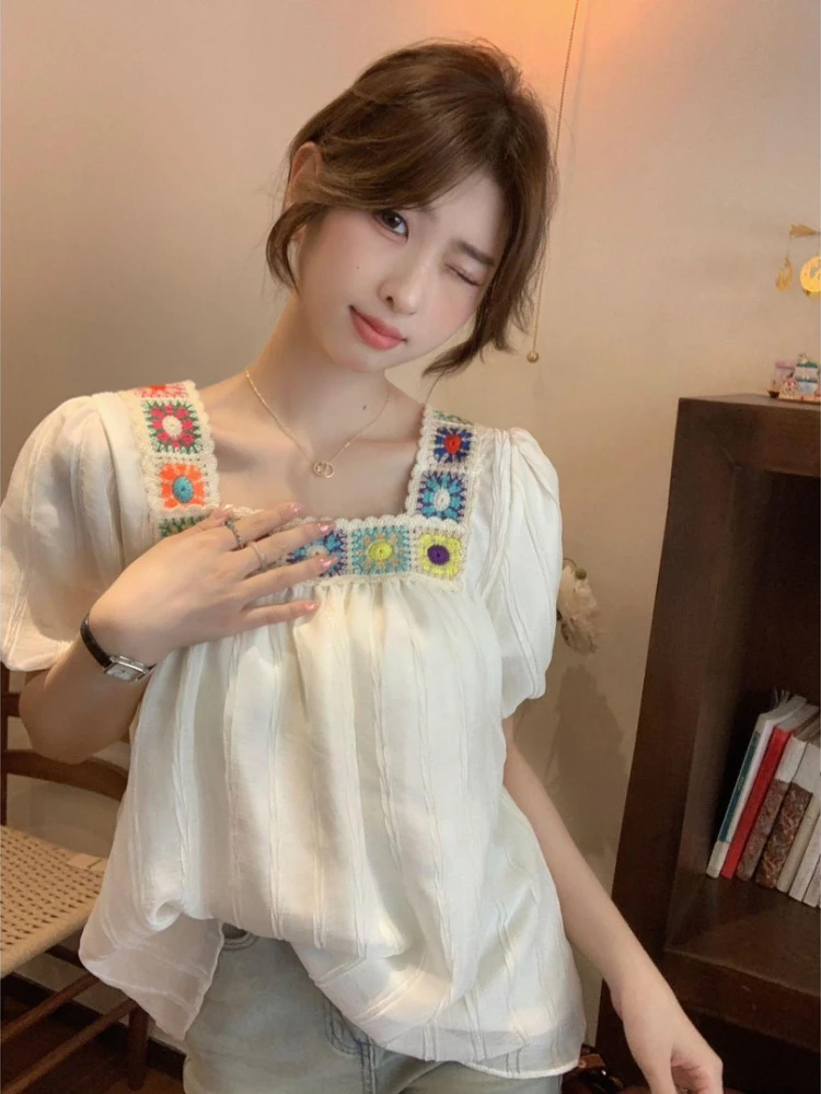 

Women French Square Neck Short Sleeve Designer Blouse Summer Niche Belly Covering Slimming Loose Fit Baby Doll Top