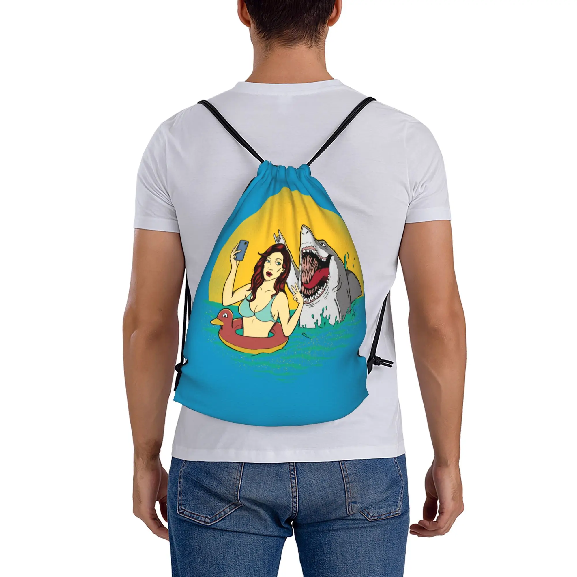 Custom Shark And Woman Drawstring Backpack Sports Gym Bag for Women Men  Shopping Sackpack view 5