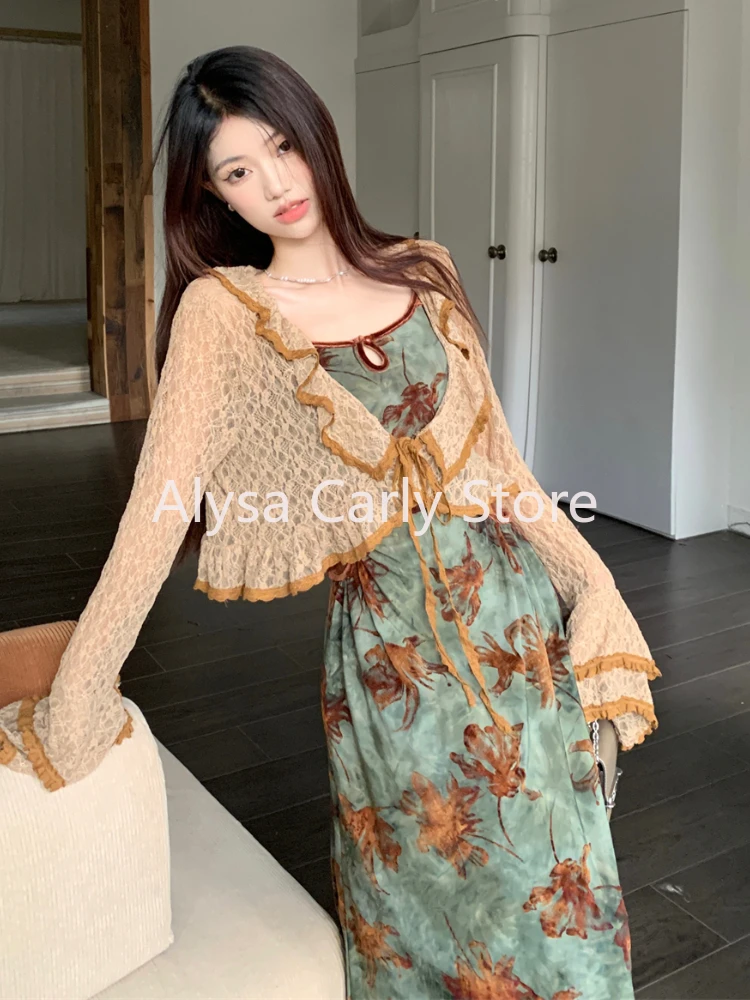 Vintage Elegant Floral Slip Dress Women Hollow Out Designer Korean Velvet Long Dress Female Autumn Matching Two Piece Dress Set