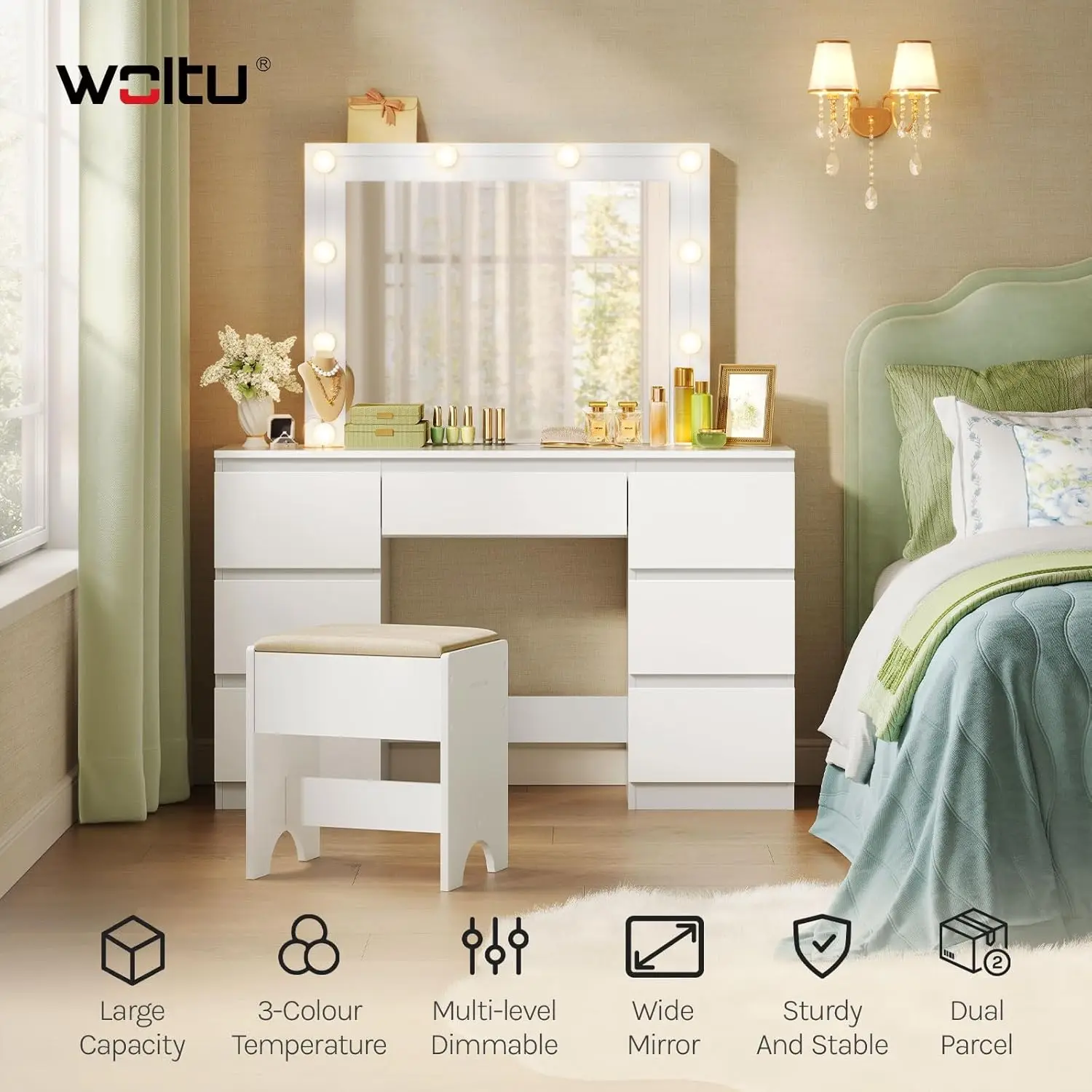 طاولة تزيين WOLTU مع مكتب مكياج بإضاءة LED قابل للتعديل مع 7 أدراج وطاولة زينة بمرآة كبيرة وخزانة غرفة النوم الحديثة