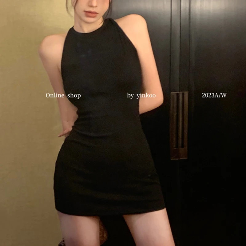 

Sexy High -Waisted Back -Back Woman Dress Fashion Hanging Neck Short Dress Women Summer Simpling Black Sleeveless Dresses Female