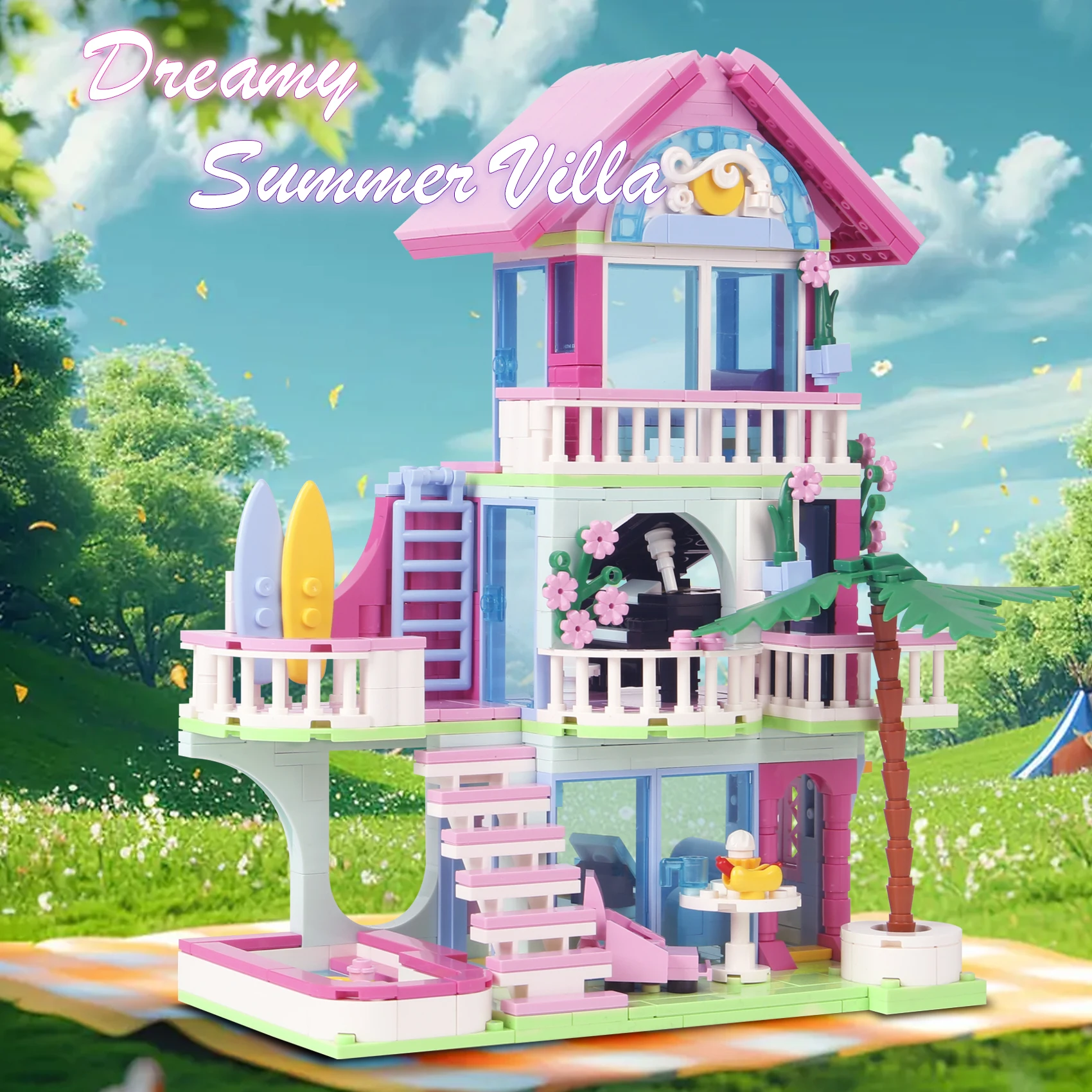 クリエイティブフレンドサマーヴィラ建築ビルディングブロックスイミング貧困MOC組み立てレンガおもちゃ女の子子供向けギフト