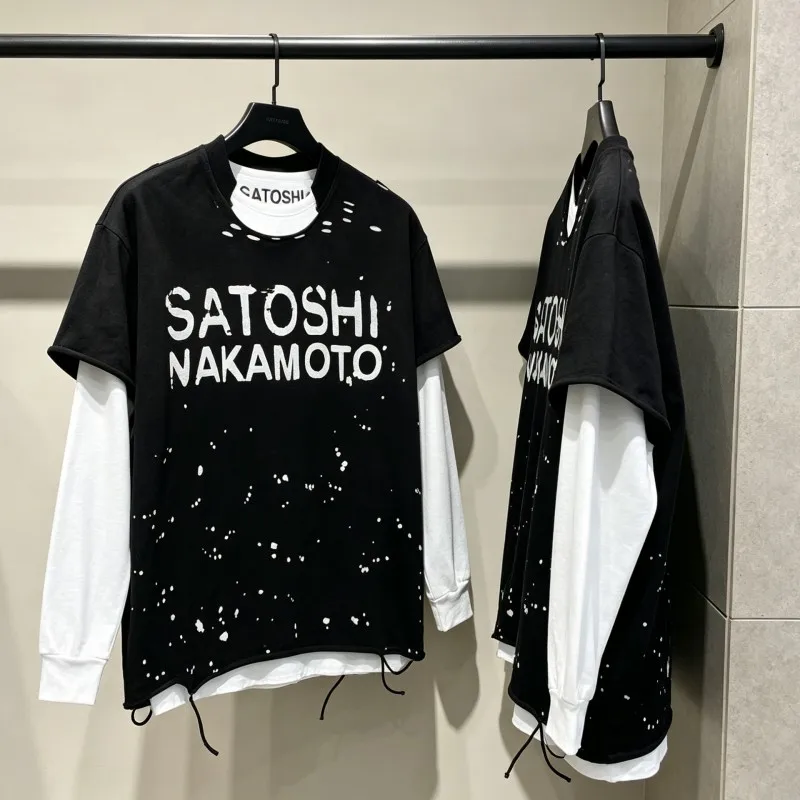 Retro Satoshi Long Sleeve Tshirt Hip Hop Classic Letter Print Casual Versatile White Round Neck Pullover Men Women Street Outfit
