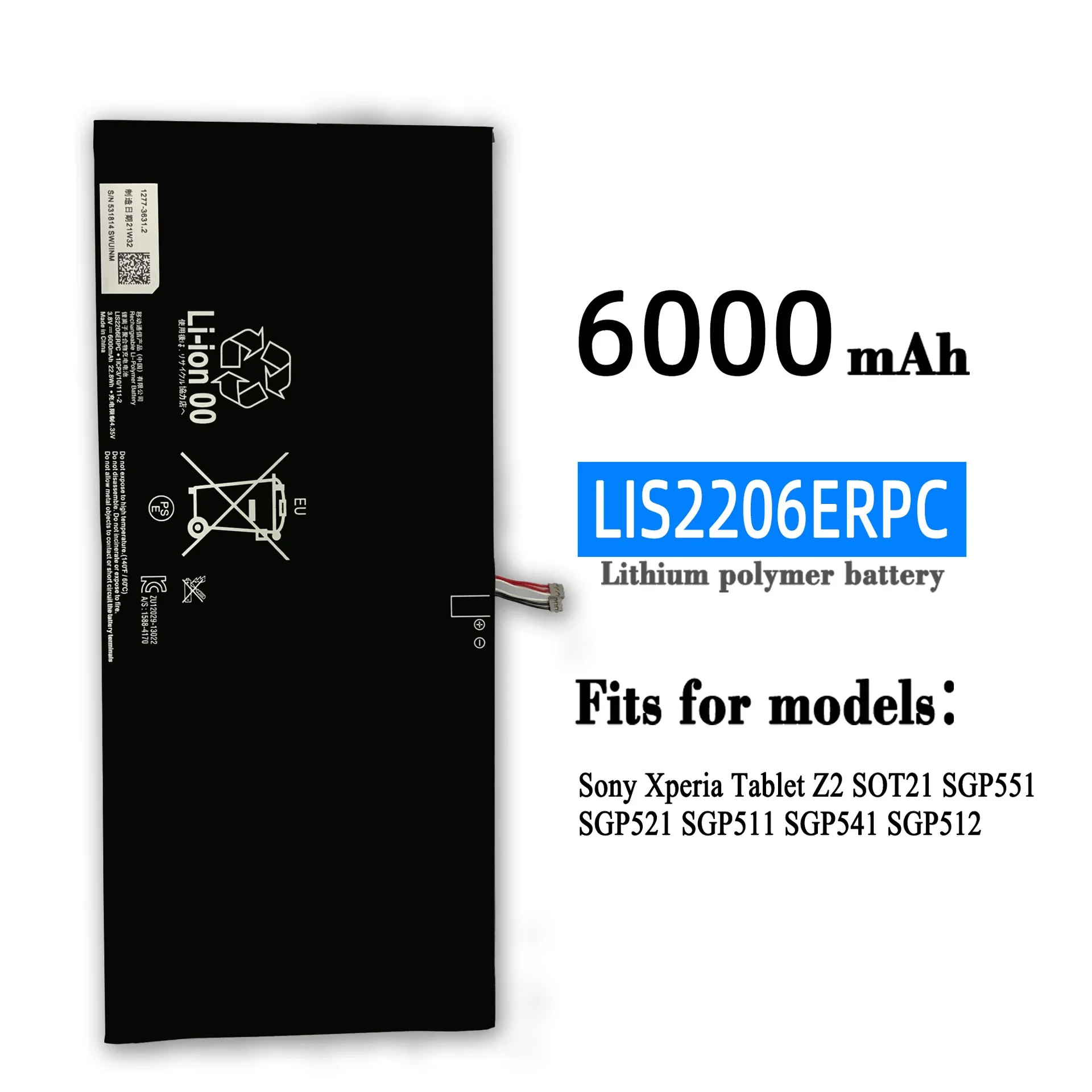 

Tablet Battery For SONY Xperia Tablet Z2 SGP541CN SGP511 SGP512 SGP521 SGP541 SGP551 Tablet LIS2206ERPC 6000mAh