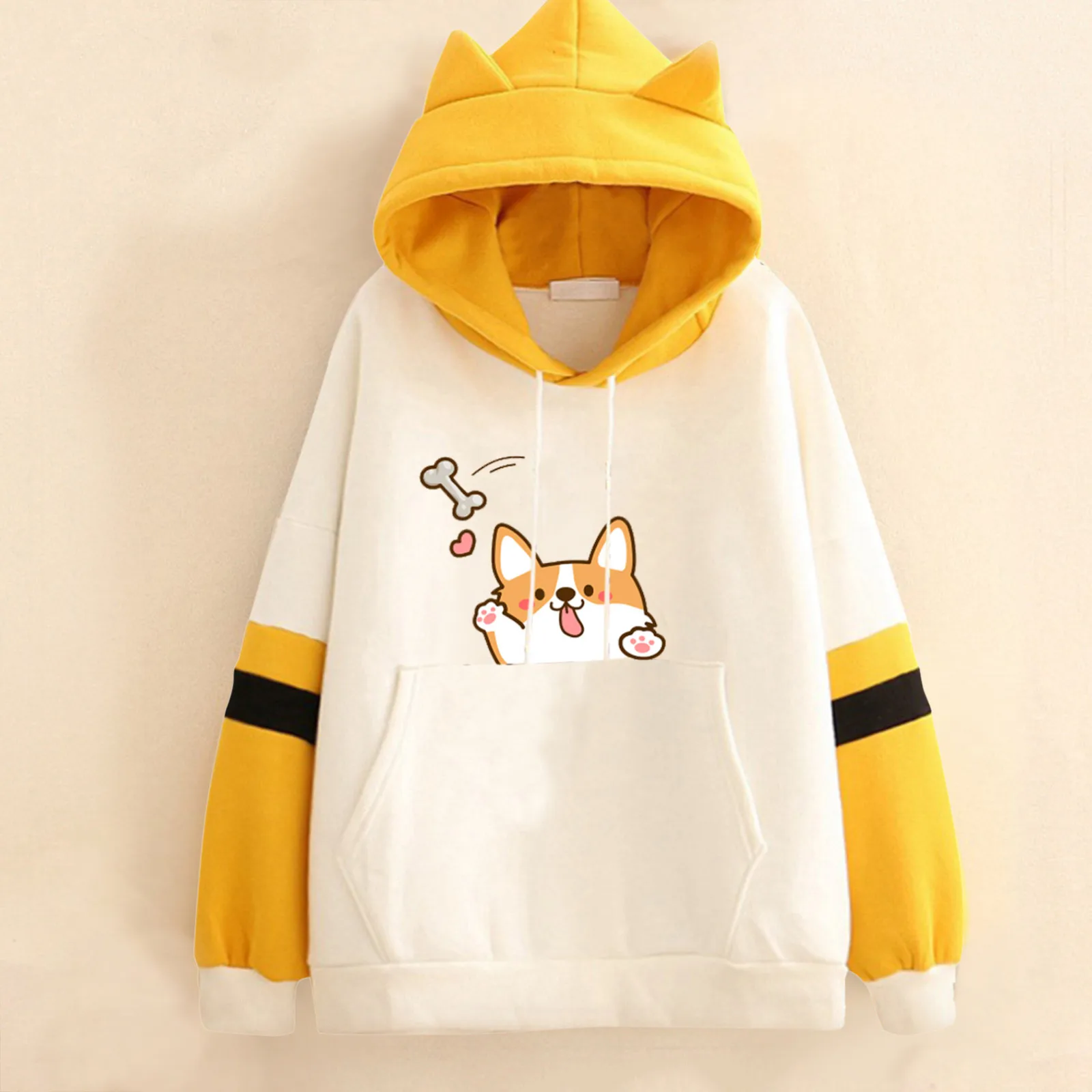 

Kawaii Dog Print Hoodies Women Ears Hat Patchwork Color Sweatshirts Loose Pockets Drawstring Hooded Tops Pullovers Sudaderas Top