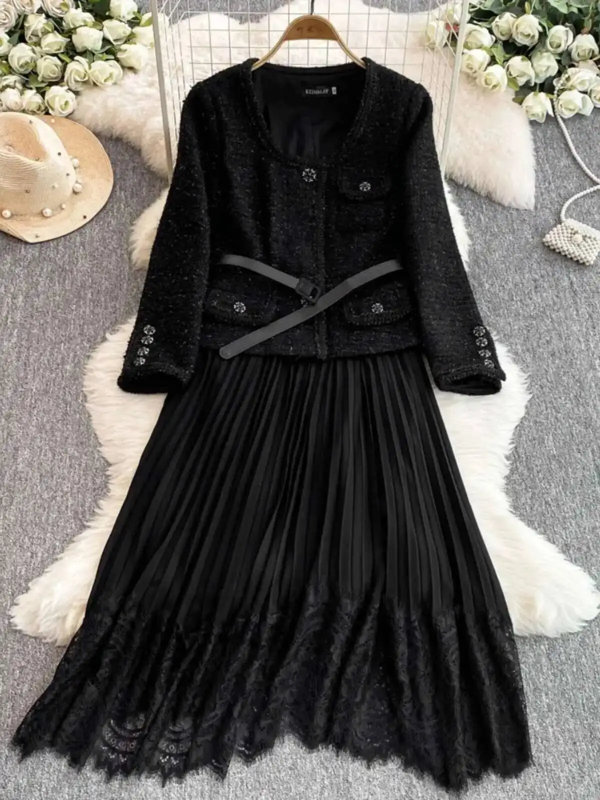 Hepburn elegante longo tweed vestidos femininos outono cinto de cristal plissado chiffon rendas festa vestidos luxo robe ocasião formal