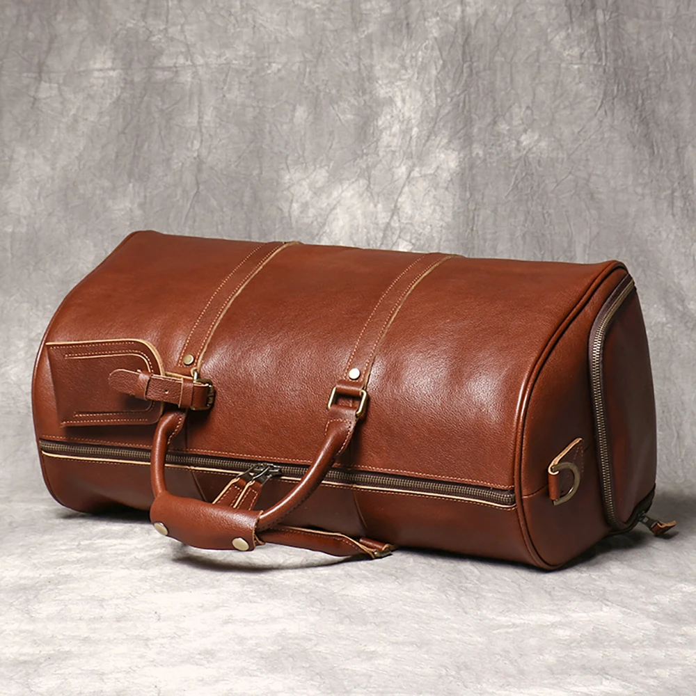 Vintage Full Grain Leather Travel Bag For Men Large Capacity Duffle Bag With Separate Shoe Compartment