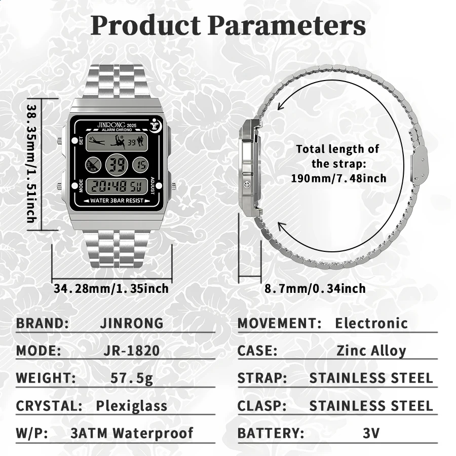 ساعة رياضية إلكترونية متعددة الوظائف من الفولاذ المقاوم للصدأ للرجال، مقاومة للماء حتى 30 مترًا، إضاءة ليلية LED ملونة، كرونوغراف
