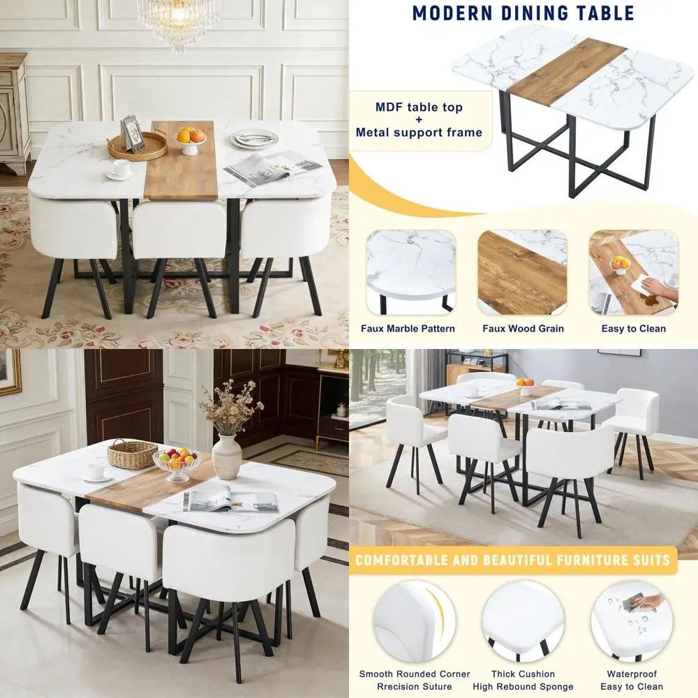 

7-Piece Dining Set with Cushioned Chairs or 6-Seat White Kitchen Table for Home, Office, Conference Room