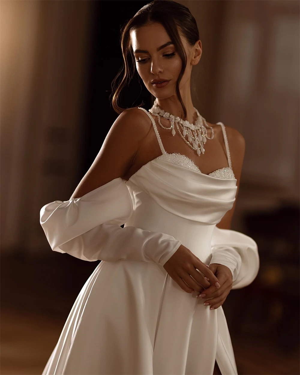 

Customized Boho White Satin Wedding Dress Formal Sweetheart Long Sleeves Bridal Gowns Sexy A-Line Court Train Vestido De Novia