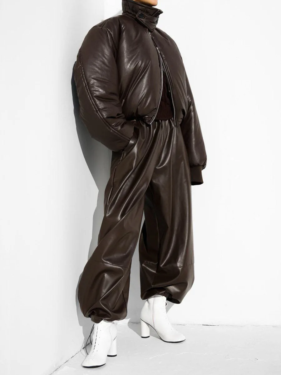 الخريف النساء بولي Leather الجلود مطاطا حزام فانوس السراويل سيدة عادية فضفاض لامعة بولي Trousers الاتجاه موضة الشارع السراويل الطويلة 2025 #3