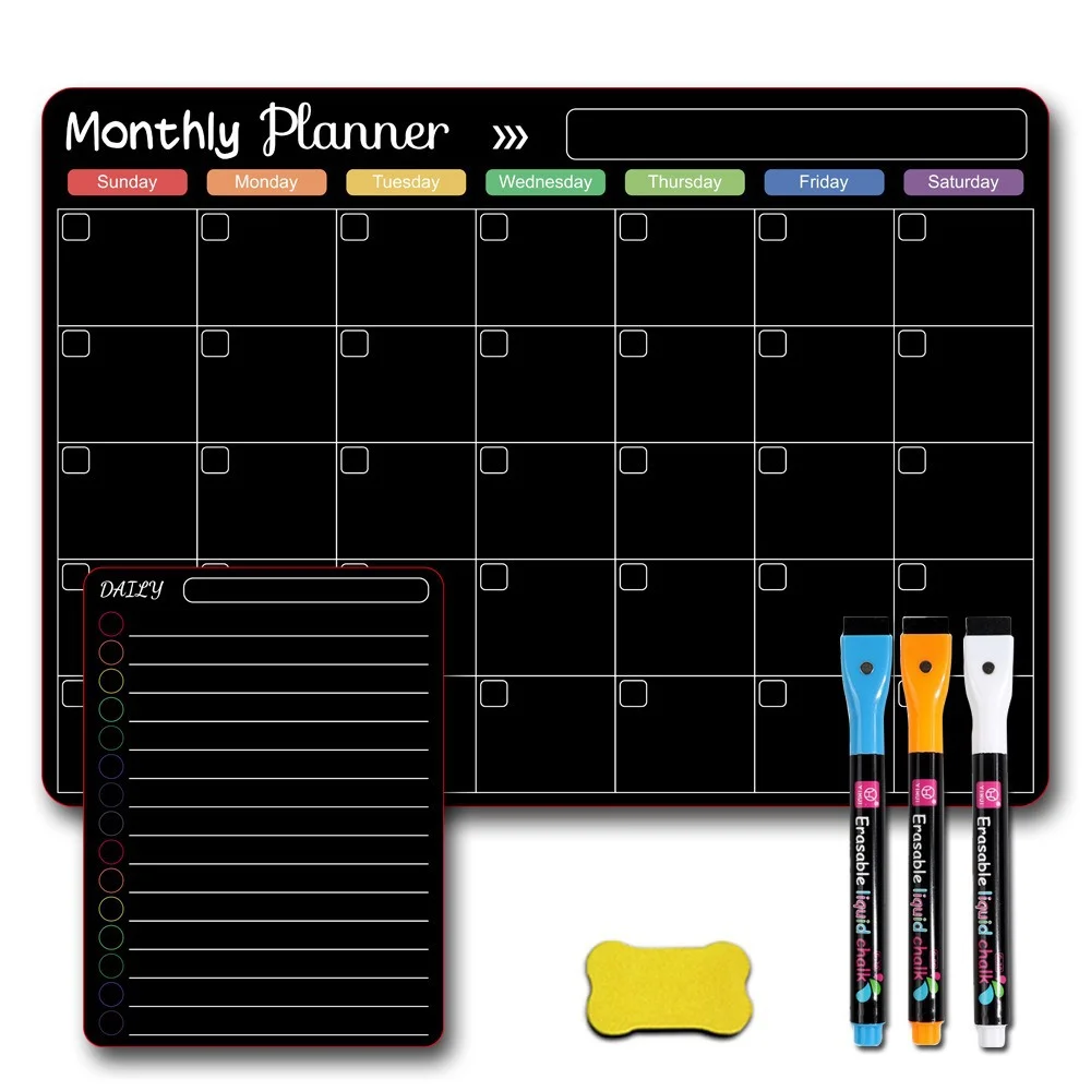 Black Acrylic Magnetic Fridge Calendar Monthly Weekly Planner Board HD Custom Print Writing Whiteboard Sticker with 6 Markers Eraser for Family Meal Plan Task Notes